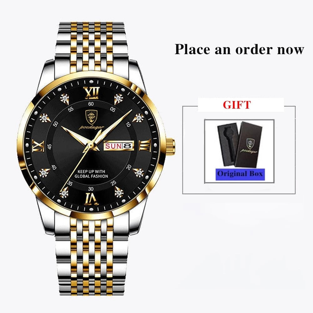 POEDAGAR Mens Fashion Full Steel Quartz Watch